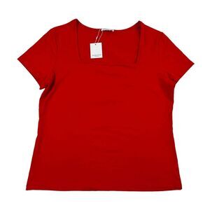 NWT MANGOPOP Collection Red Square Neck T-Shirts Short Sleeve Stretch 2XL XXL